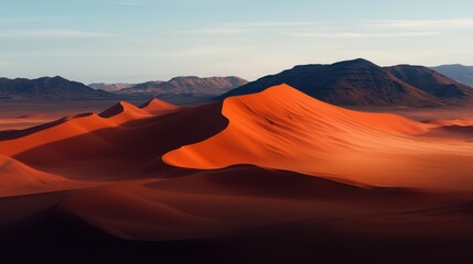 Naklejka premium Expansive desert dunes with deep shadows and warm light, showcasing a tranquil, vast landscape of sand and mountains.