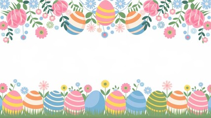 Easter holiday background, colorful decorated eggs and spring flowers, festive celebration theme, vibrant floral design for greetings, invites, and social media.