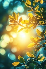 A portrait background with blurred bokeh effect, showcasing fresh green foliage of spring and summer, along with a blue sky and sun flare. Illustration