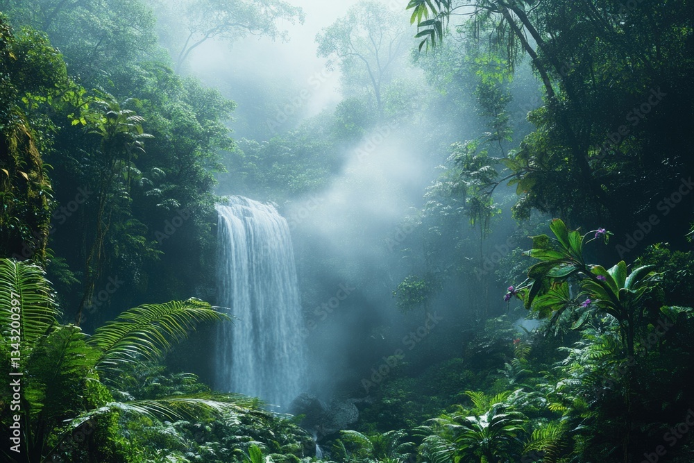 Poster serene waterfall cascading through lush, misty rainforest, creating a tranquil and mystical atmosphe