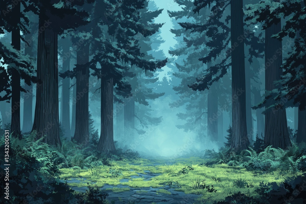 Poster a misty path winds through a dense, ancient redwood forest, sunlight barely penetrating the towering