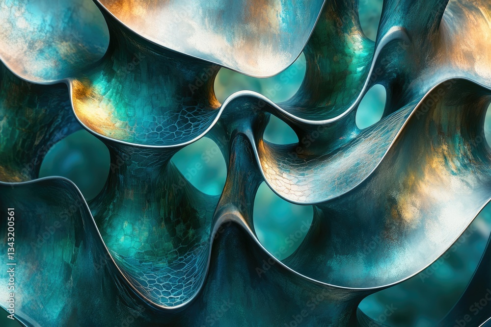 Fototapete abstract 3d rendering of a teal and gold metallic sculpture with flowing, interconnected forms.