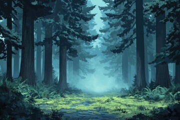 A misty path winds through a dense, ancient redwood forest, sunlight barely penetrating the towering trees.