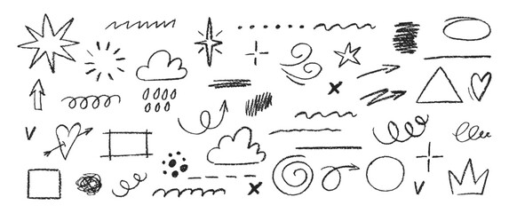 Set of doodle hand drawn elements for text with crayon or pastel texture. Arrows, shapes and frames. Chalk vector illustration.
