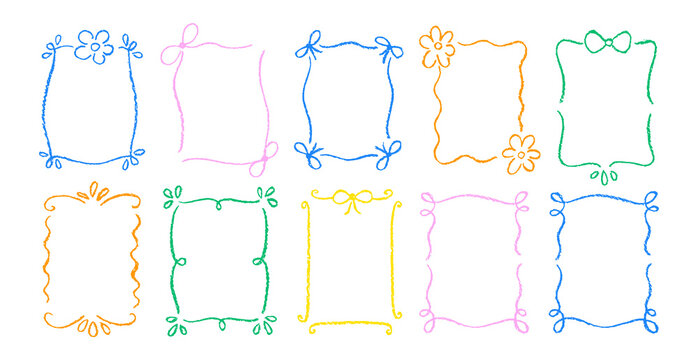 Hand drawn scribble kids frame set with pastel, crayon or chalk texture. Doodle decoration with flowers and bows. Color vector illustration.