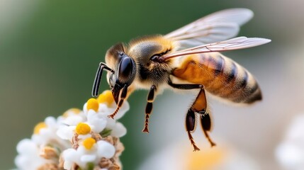 Honeybee in flight, hovering over a flower