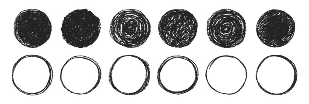 Scribble circle round vector frame with crayon or chalk texture. Hand drawn black coal objects for design use. Vector illustration on a white background.
