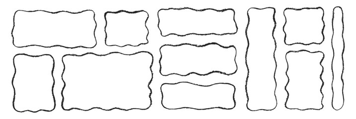 Hand drawn grunge square and rectangle shapes with crayon or pastel texture. Wavy text box or frame painted with chalk. Outline grunge vector illustration on a white background.