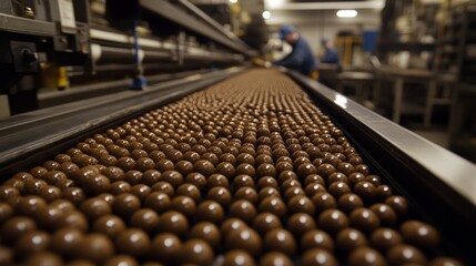 Fototapeta premium A close-up shot of dog kibble moving along the conveyor belt at a pet food factory, where dry cat and dog food is being produced