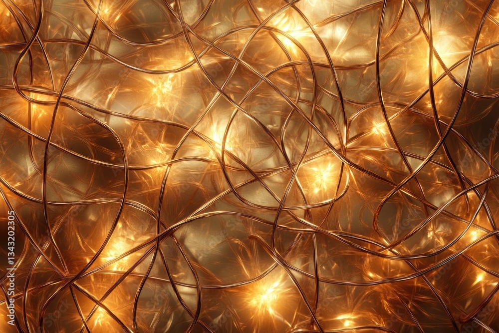 Poster Intricate network of glowing copper wires, warm light bulbs creating a mesmerizing, golden abstract pattern.