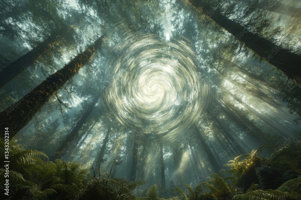 Poster mystical forest scene with swirling light beams creating a surreal, dreamlike atmosphere.