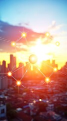 Network above city at sunset Connection, technology, future vision, abstract background for global communication