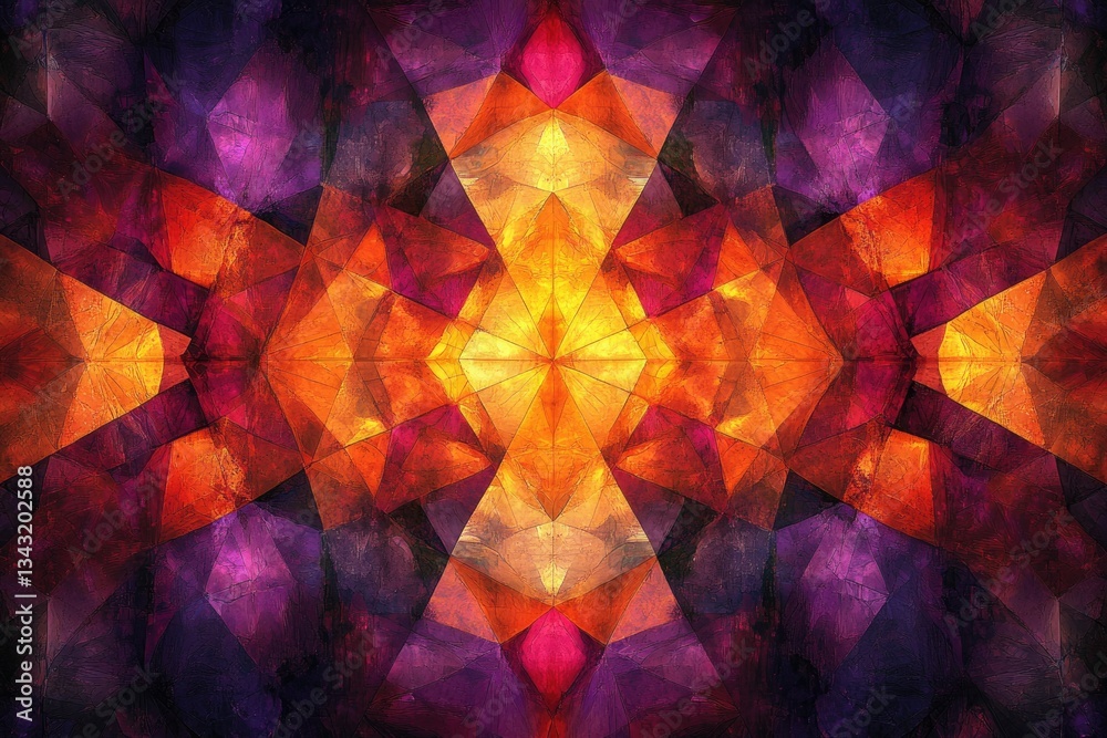 Aufkleber abstract kaleidoscopic artwork with vibrant orange and purple geometric shapes creating a symmetrica