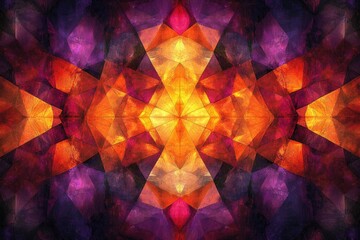 Abstract kaleidoscopic artwork with vibrant orange and purple geometric shapes creating a symmetrical pattern.