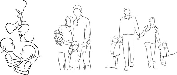 Minimalist line art of family moments featuring baby, mother, and father in loving poses – perfect for nursery decor and parenting themes, wall decor