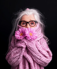 Funny elderly woman with flowers. Cozy granny in oversized knit sweater. Birthday card style art, playful and warm
