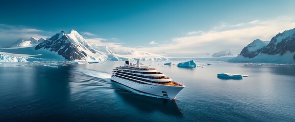 Luxury cruise ship sails through icy Antarctic landscape