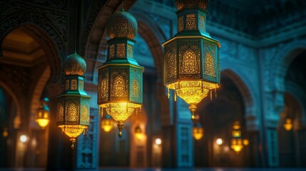 Obraz premium A green and gold Eid Mubarak Islamic design concept, featuring a hanging Ramadan candle lantern, rendered in 3D abstract style