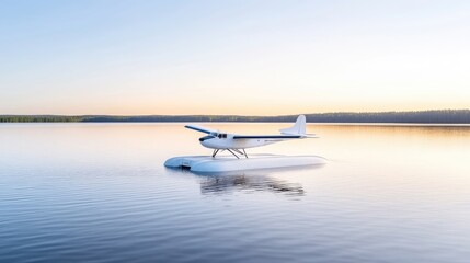 Small plane on tranquil lake at dawn