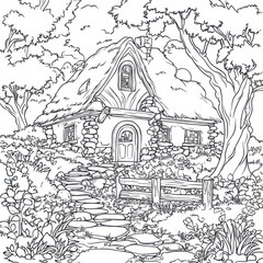 Obraz premium Charming cottage nestled in nature, surrounded by flowers and trees, inviting tranquility.