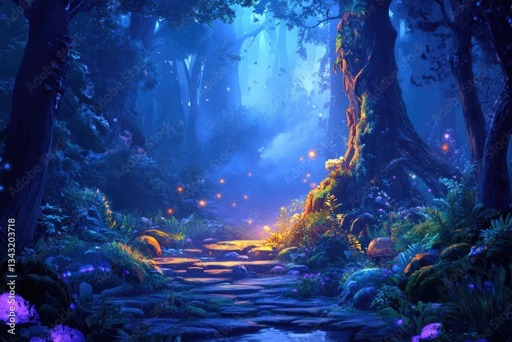 Poster enchanted forest path at night, glowing with fireflies and magic.