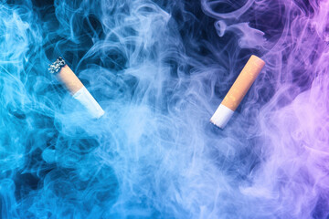 Cigarettes floating in vibrant smoke, illustrating tobacco's impact on health.