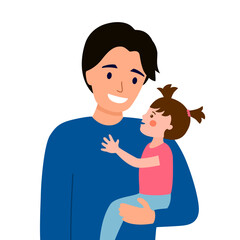 Happy father hugging, holding in hands little daughter. Girl child embracing dad. Cute smiling daddy parent portrait in flat design vector illustration.