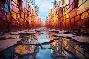 Puddles transform into enchanting gateways to a mirrored realm, where ordinary scenes are turned into captivating and abstract compositions