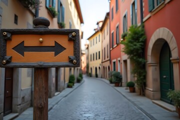 A medieval-style directional sign in an old European cobblestone street.