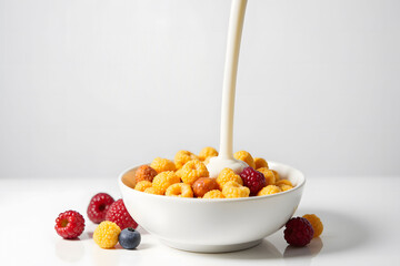 A bowl of golden cereal with milk pouring, raspberries, and blueberries, isolated on a white background.