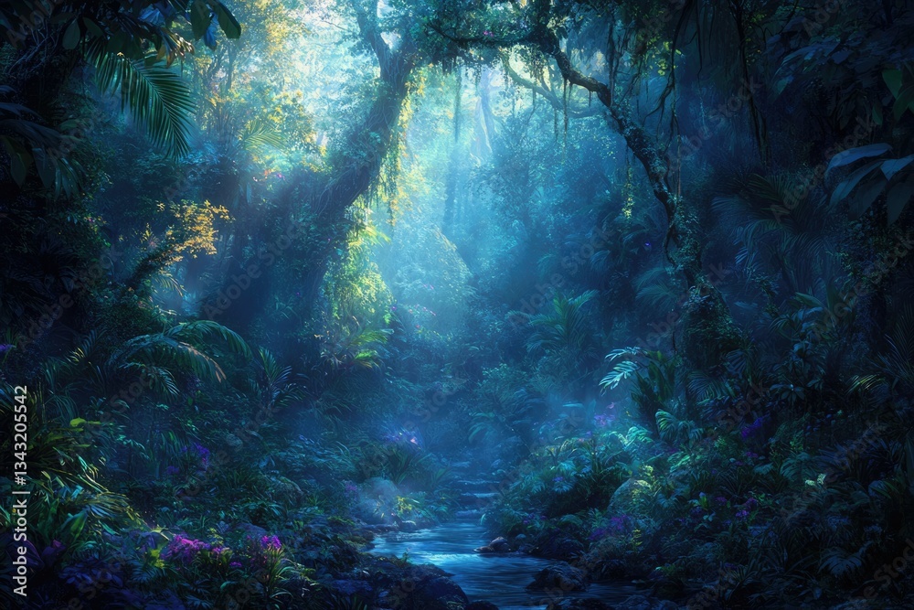 Aufkleber mystical, blue-hued rainforest scene with a stream, sunlight filtering through the dense canopy, cre