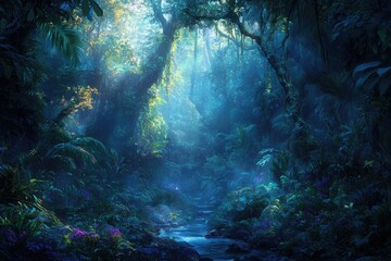 Obraz premium Mystical, blue-hued rainforest scene with a stream, sunlight filtering through the dense canopy, creating a magical atmosphere.