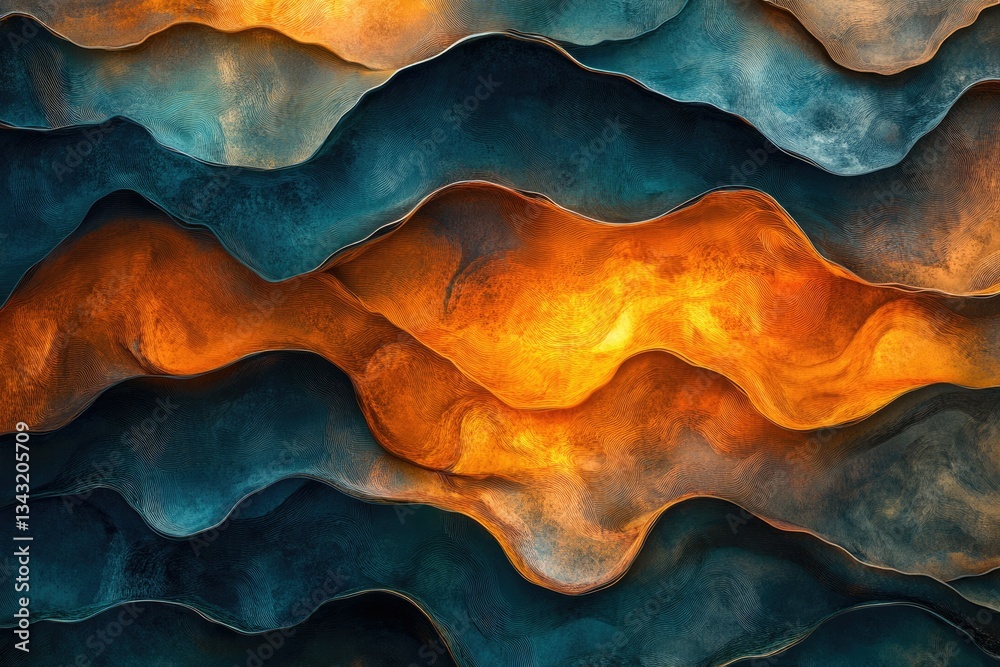 Poster abstract artwork depicting undulating layers of teal and burnt orange, creating a mesmerizing, textu