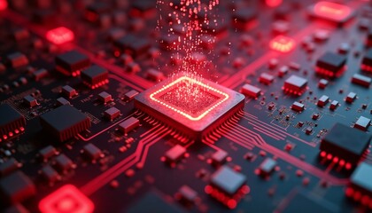 Close-up of advanced microchip with glowing circuits on dark background