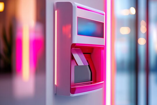 Sleek, modern card reader terminal with vibrant pink and blue lighting in a contemporary setting