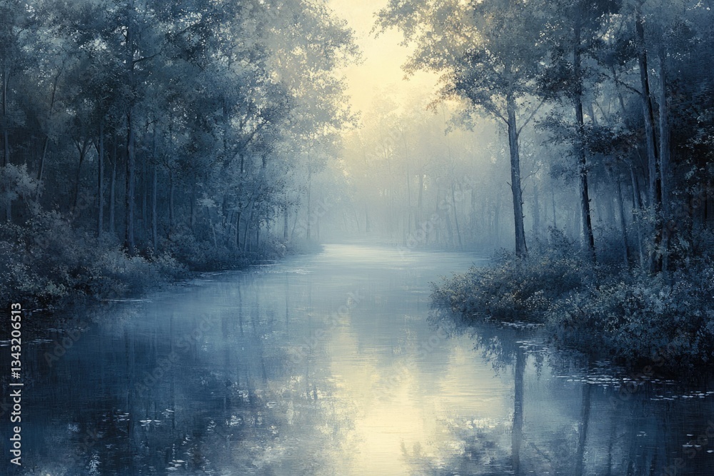 Aufkleber serene mist-shrouded river flows through a tranquil forest, bathed in soft, ethereal light.