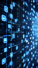 Obraz premium Abstract digital data flow with glowing icons representing technology and communication