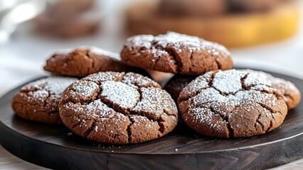A plate of chocolate cookies dusted with powdered sugar, showcasing a rich texture and appealing presentation. Concept Chocolate Cookies, Powdered Sugar, Rich Texture, Elegant Presentation
