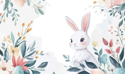 Charming Easter Bunny with Floral Wreath and Eggs in Watercolor Frame