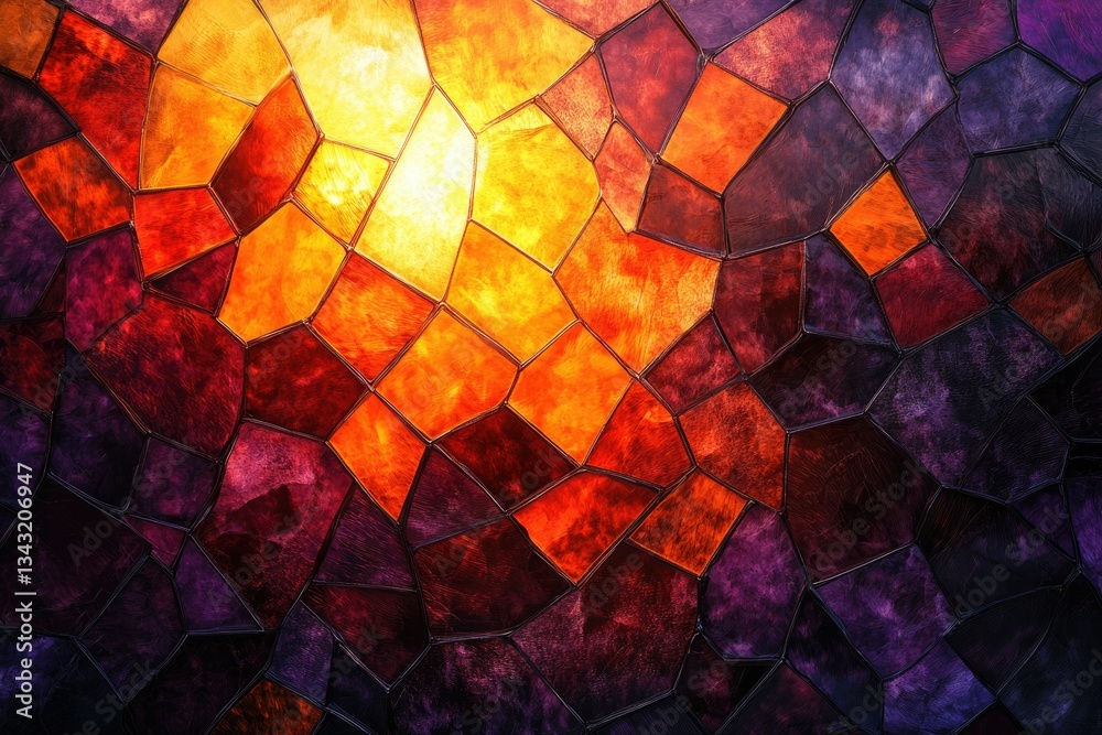 Poster abstract mosaic art featuring vibrant orange, purple, and red hues, creating a fiery and intense vis