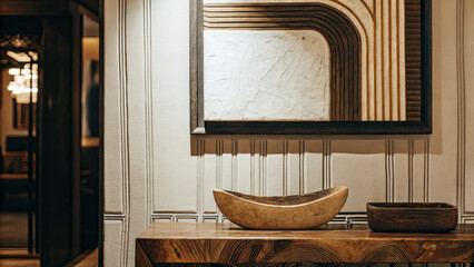 Textured white and brown wall with framed abstract artwork above a wooden table holding a sculpted wooden bowl, creating a refined and artful modern home design with organic elements.