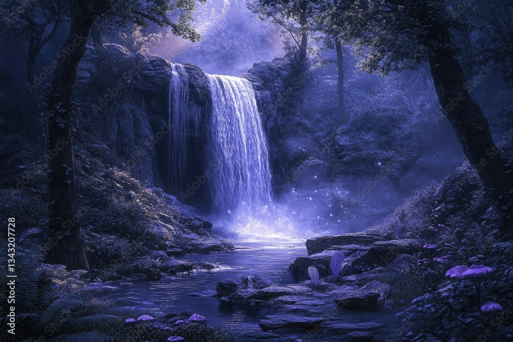 Aufkleber enchanted waterfall cascading through a mystical forest at twilight, glowing with ethereal light.