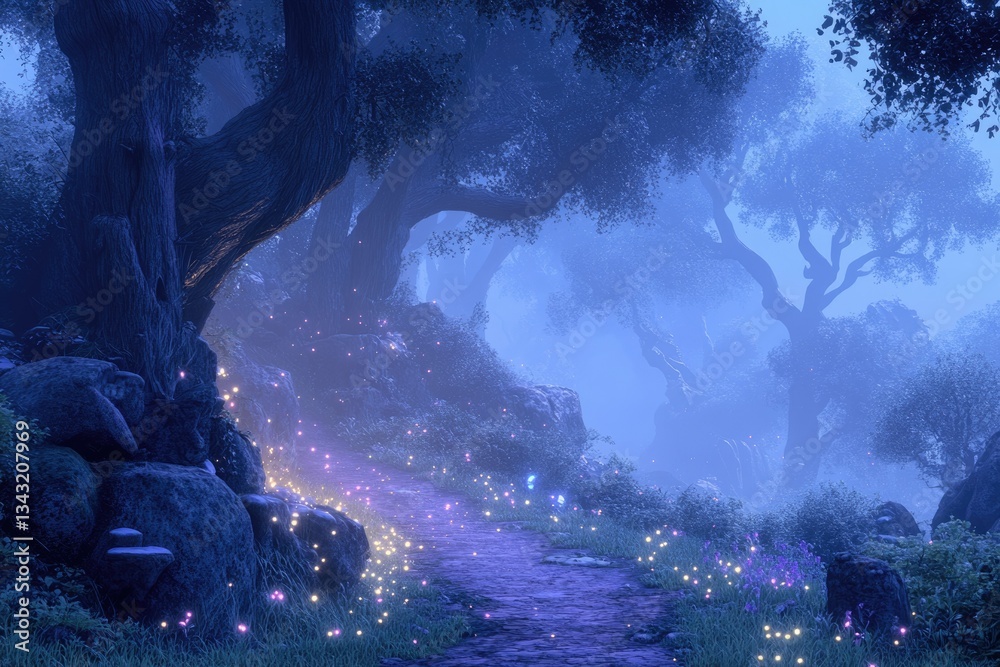 Poster enchanted forest path at twilight, glowing with magical fireflies and mystical ambience.