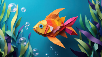 Naklejka premium A colorful origami fish swimming among paper seaweed and bubbles, creating a playful underwater scene.
