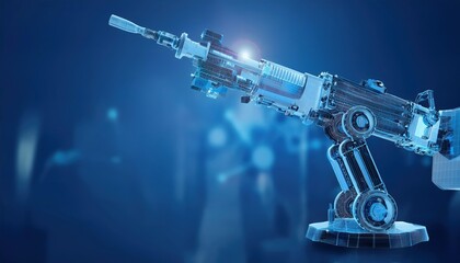 Naklejka premium Firefly machine gun mounted on a robotic arm against a wireframe blue background showcasing advanced technology and weaponry design