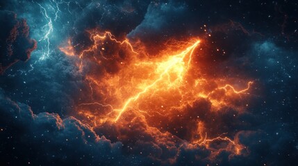 Fiery lightning bolt erupts through dark stormy clouds.