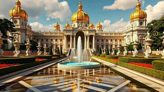 Majestic White Palace with Golden Domes and Fountain Reflecting in a Calm Pond under a Sunny Sky