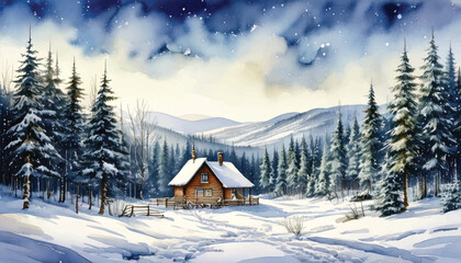 A snowy landscape watercolor with a cabin in the middle.