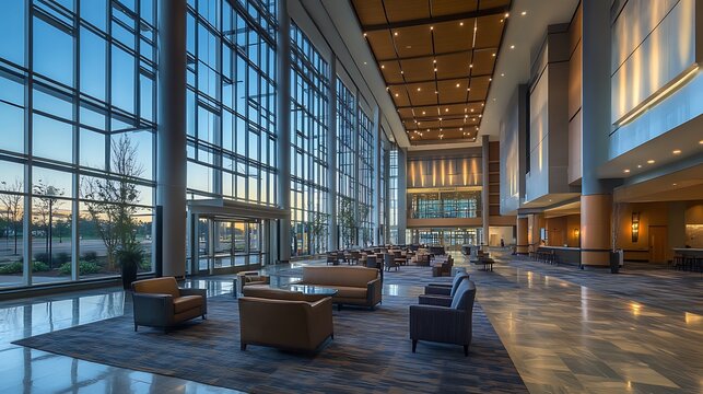 Lobby Interior with Large Windows, Seating, and Modern Architecture