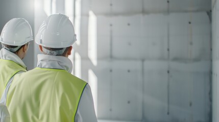 Urban development engineers examining safety protocols and project plans inside a high-rise under construction. Ultra-sharp and professional-grade.